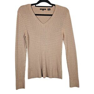 Jeanne Pierre Beige Cable Knit V-Neck Pullover Sweater Medium Long Sleeve Ribbed
